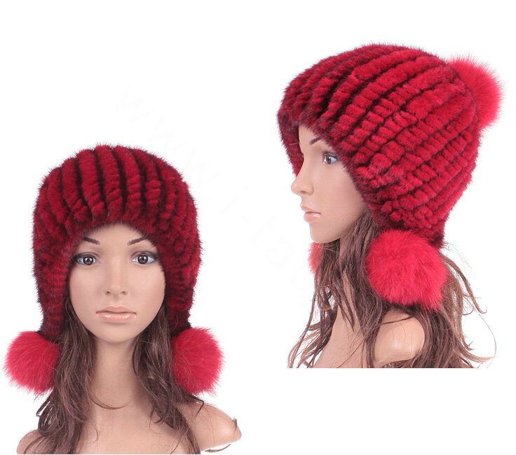 High Quality Real Mink Fur Hat With Fox Fur Balls Women Winter Knitted Beanies Dome Caps - Red