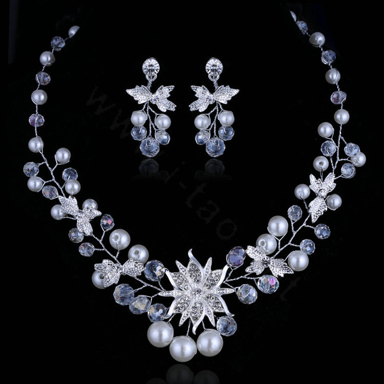 High Quality Vine Flower Crystal Beads Pearl Bridal Wedding Necklace Errings Jewelry Sets