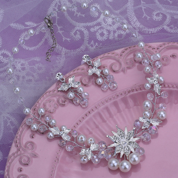 High Quality Vine Flower Crystal Beads Pearl Bridal Wedding Necklace Errings Jewelry Sets