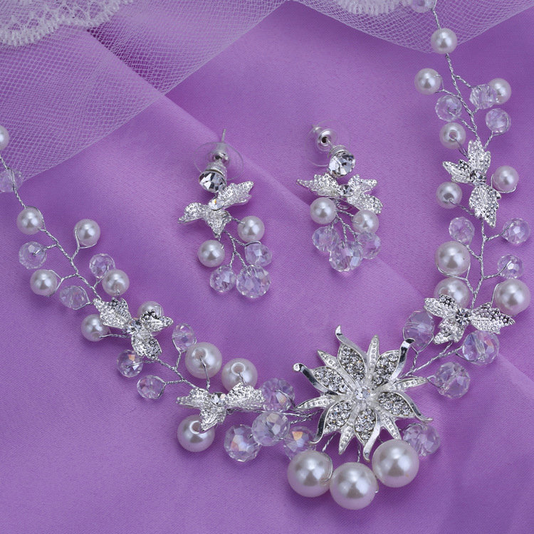 High Quality Vine Flower Crystal Beads Pearl Bridal Wedding Necklace Errings Jewelry Sets