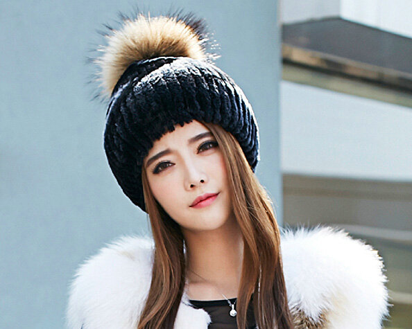 High Quality Winter Real Rabbit Fur Hat With Raccoon Fur Ball Women Knitted Snow Caps - Black Grey