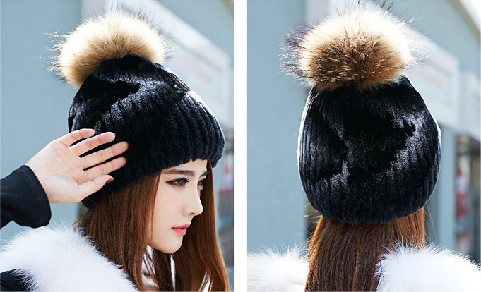 High Quality Winter Real Rabbit Fur Hat With Raccoon Fur Ball Women Knitted Snow Caps - Black Grey