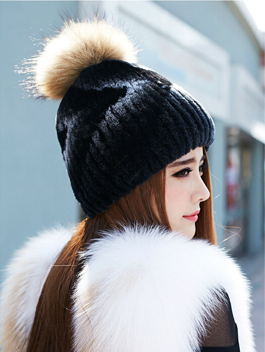 High Quality Winter Real Rabbit Fur Hat With Raccoon Fur Ball Women Knitted Snow Caps - Black Grey