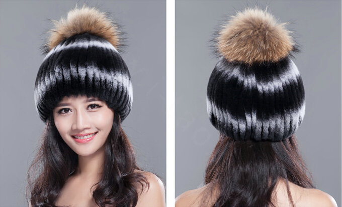 High Quality Winter Real Rabbit Fur Hat With Raccoon Fur Ball Women Knitted Snow Caps - Black White