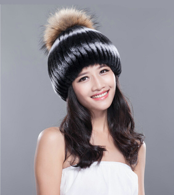 High Quality Winter Real Rabbit Fur Hat With Raccoon Fur Ball Women Knitted Snow Caps - Black White