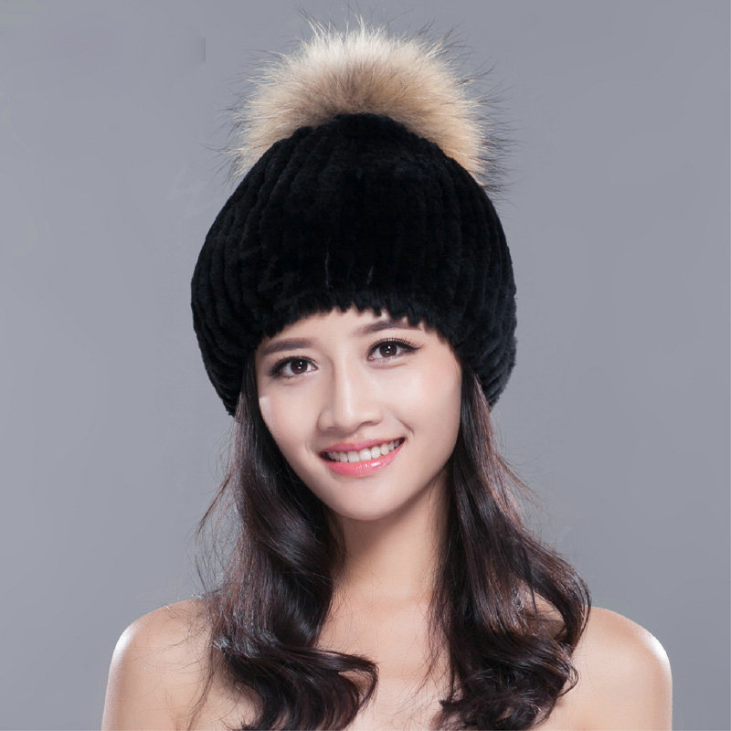High Quality Winter Real Rabbit Fur Hat With Raccoon Fur Ball Women Knitted Snow Caps - Black
