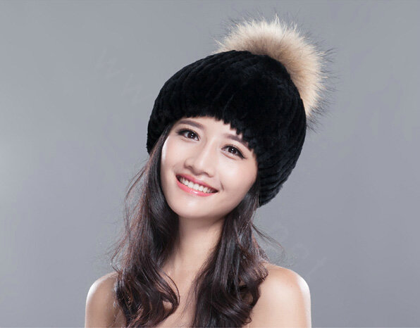 High Quality Winter Real Rabbit Fur Hat With Raccoon Fur Ball Women Knitted Snow Caps - Black
