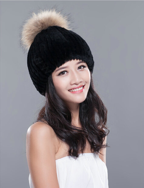 High Quality Winter Real Rabbit Fur Hat With Raccoon Fur Ball Women Knitted Snow Caps - Black