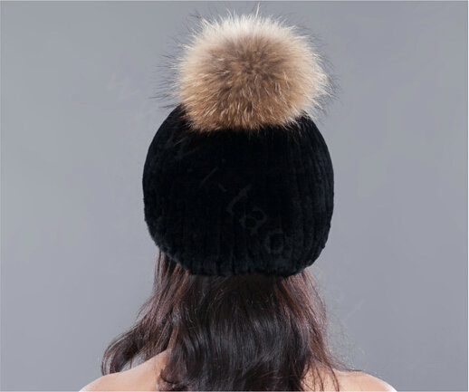 High Quality Winter Real Rabbit Fur Hat With Raccoon Fur Ball Women Knitted Snow Caps - Black