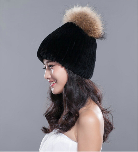 High Quality Winter Real Rabbit Fur Hat With Raccoon Fur Ball Women Knitted Snow Caps - Black