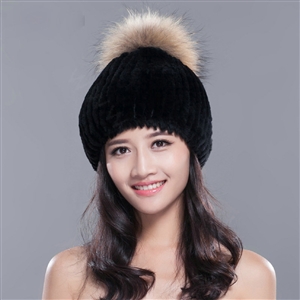 High Quality Winter Real Rabbit Fur Hat With Raccoon Fur Ball Women Knitted Snow Caps - Black