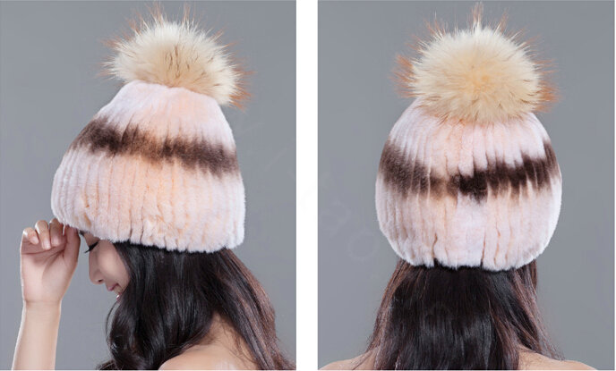High Quality Winter Real Rabbit Fur Hat With Raccoon Fur Ball Women Knitted Snow Caps - Pink