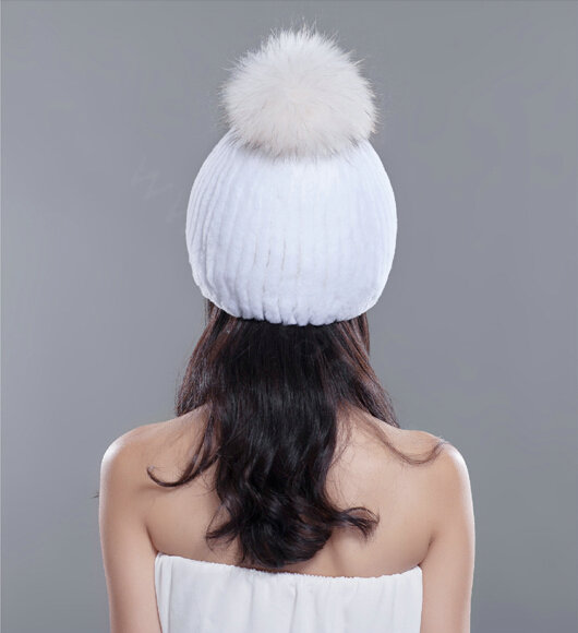 High Quality Winter Real Rabbit Fur Hat With Raccoon Fur Ball Women Knitted Snow Caps - White