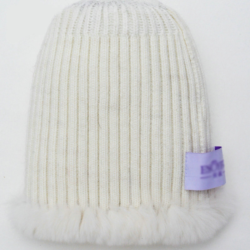 High Quality Winter Real Rabbit Fur Hat With Raccoon Fur Ball Women Knitted Snow Caps - White