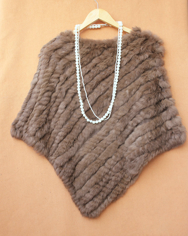 High Quality knitted Rabbit Fur Shawl Female Party Pullover Women's Triangle Rabbit Fur Poncho - Brown