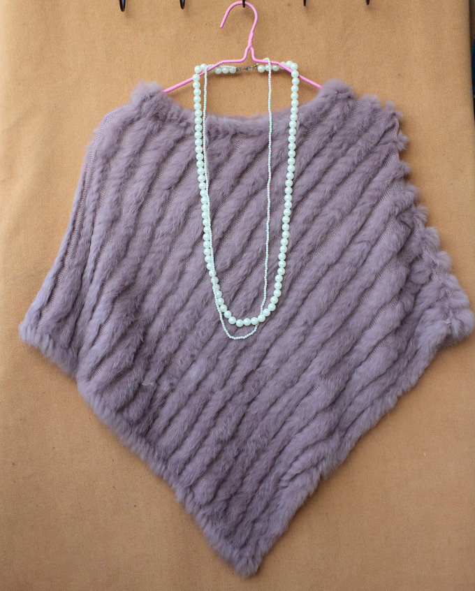 High Quality knitted Rabbit Fur Shawl Female Party Pullover Women's Triangle Rabbit Fur Poncho - Light Purple