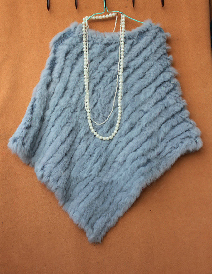 High Quality knitted Rabbit Fur Shawl Female Party Pullover Women's Triangle Rabbit Fur Poncho - Light blue