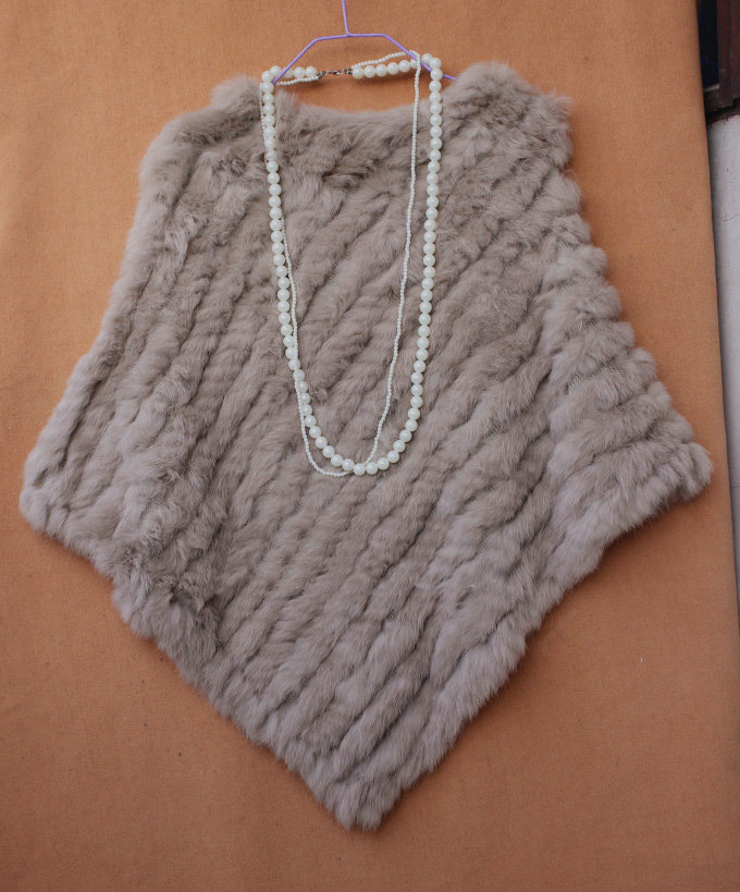 High Quality knitted Rabbit Fur Shawl Female Party Pullover Women's Triangle Rabbit Fur Poncho - Light khaki