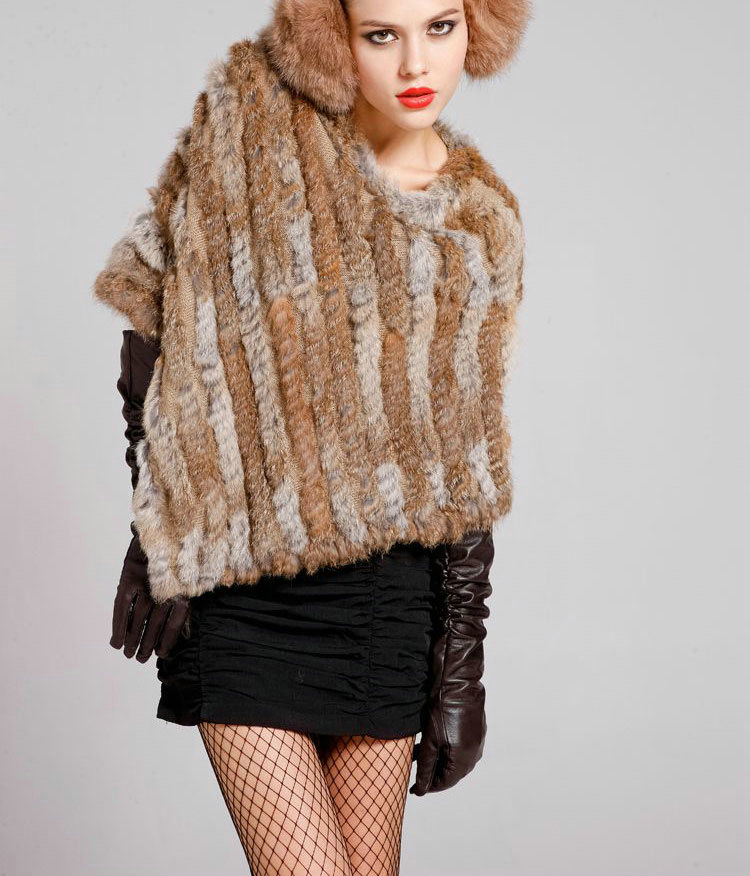 Hot sales Delicate knitted Rabbit Fur Shawl Autumn Winter Women's Triangle Fur Poncho - Natural Yellow