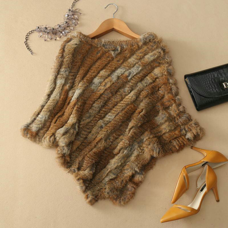 Hot sales Delicate knitted Rabbit Fur Shawl Autumn Winter Women's Triangle Fur Poncho - Natural Yellow