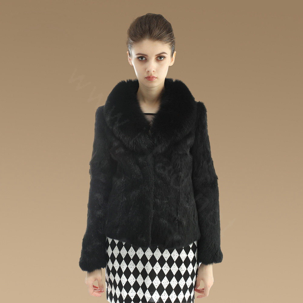 Hot sales Genuine Rabbit Fur Coat With Fox Fur Collar Jacket Fashion Women Fur Outwear - Black