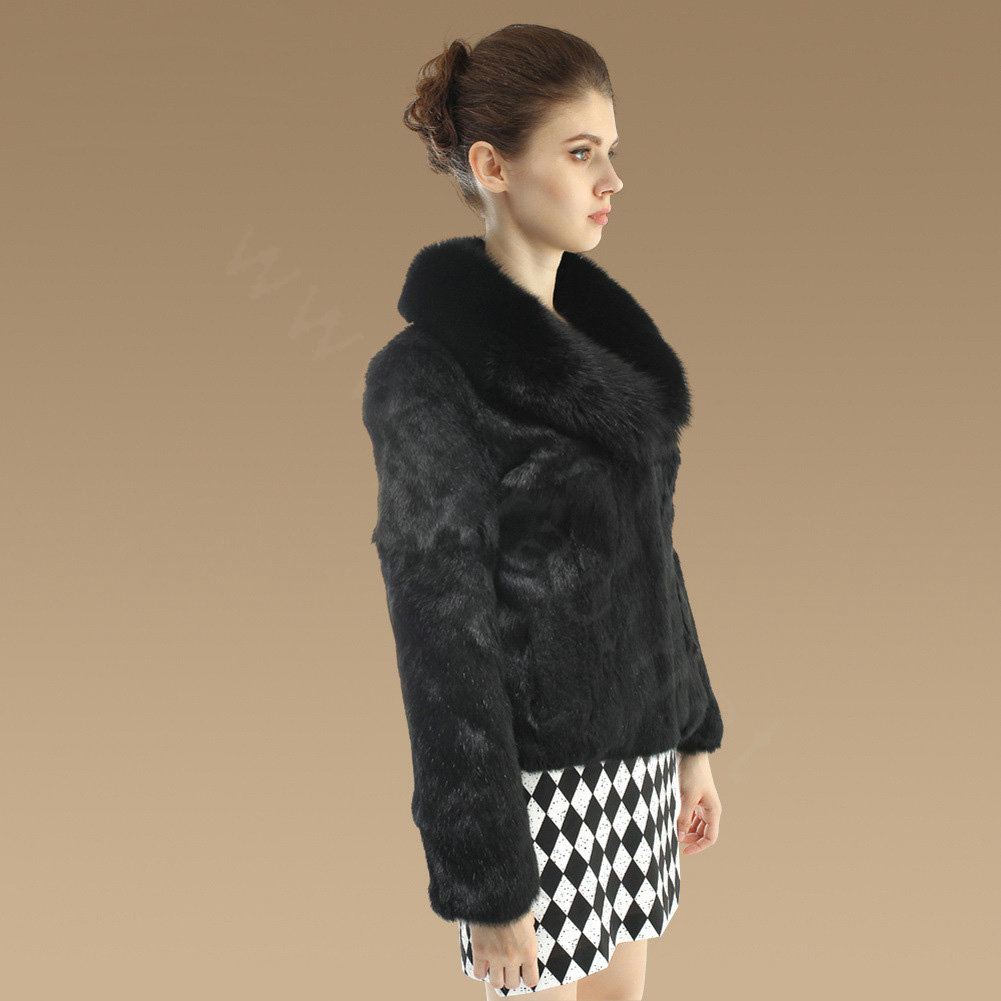 Hot sales Genuine Rabbit Fur Coat With Fox Fur Collar Jacket Fashion Women Fur Outwear - Black