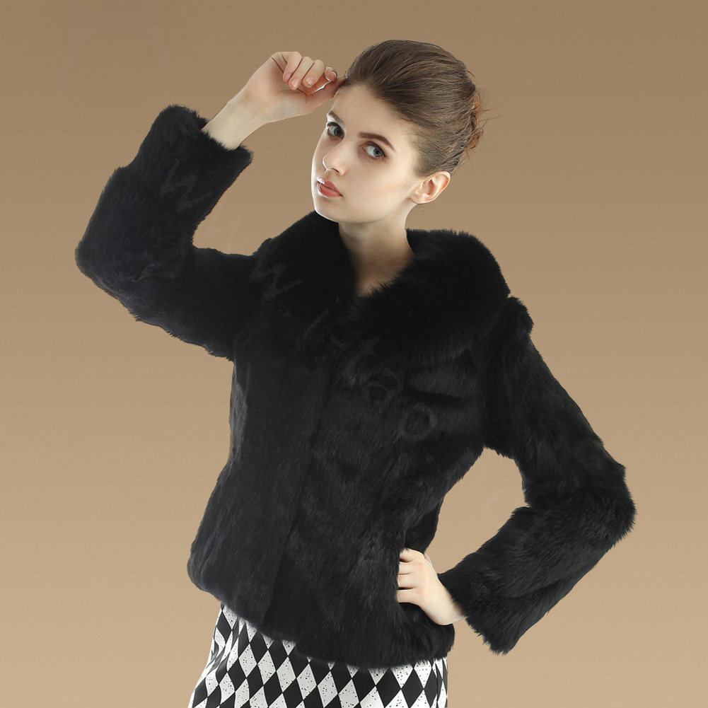Hot sales Genuine Rabbit Fur Coat With Fox Fur Collar Jacket Fashion Women Fur Outwear - Black