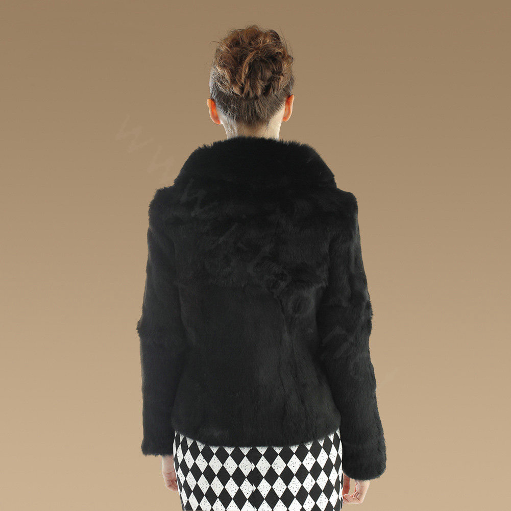 Hot sales Genuine Rabbit Fur Coat With Fox Fur Collar Jacket Fashion Women Fur Outwear - Black