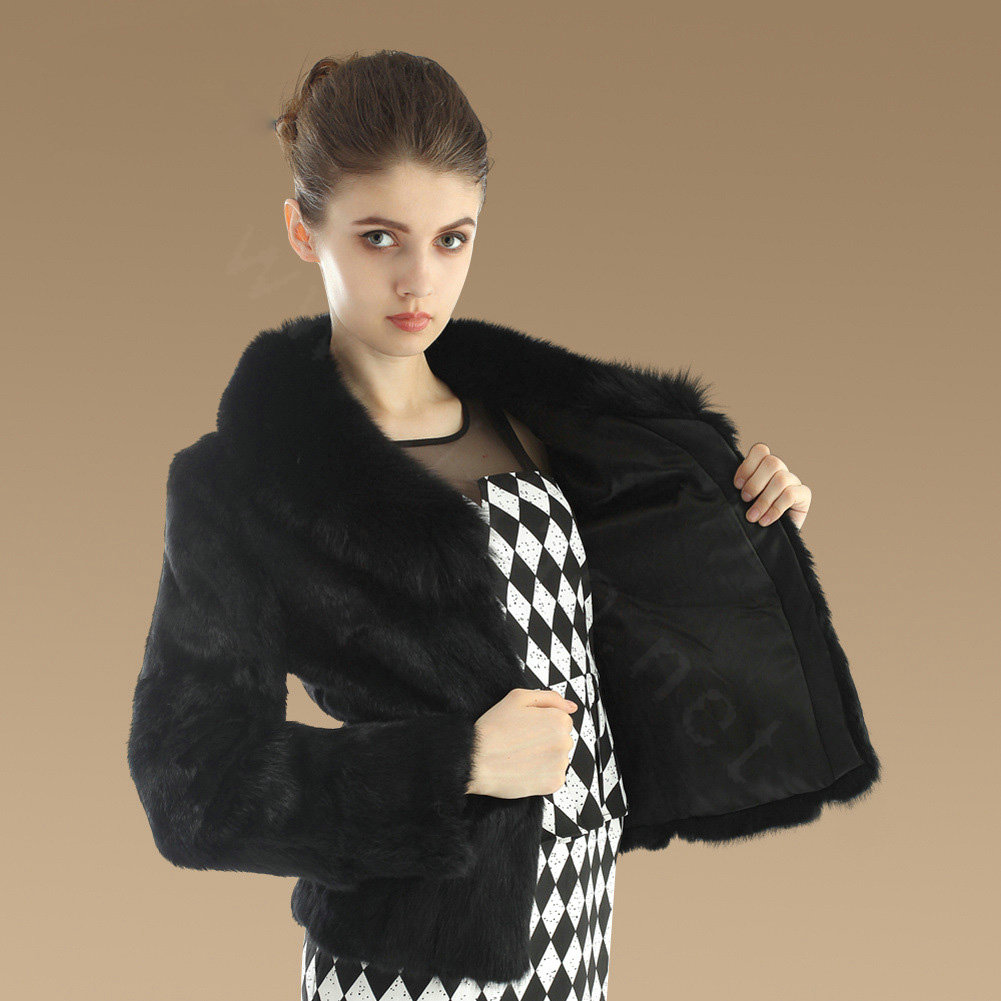 Hot sales Genuine Rabbit Fur Coat With Fox Fur Collar Jacket Fashion Women Fur Outwear - Black