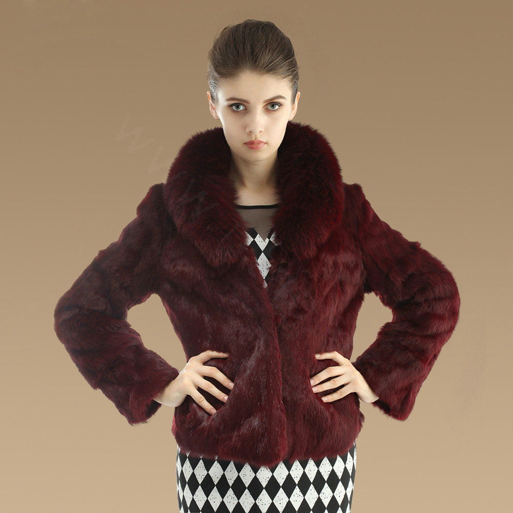 Hot sales Genuine Rabbit Fur Coat With Fox Fur Collar Jacket Fashion Women Fur Outwear - Wine Red