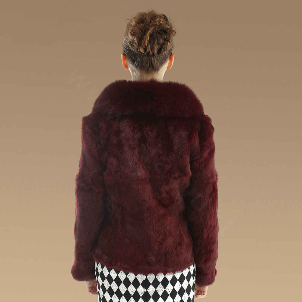 Hot sales Genuine Rabbit Fur Coat With Fox Fur Collar Jacket Fashion Women Fur Outwear - Wine Red