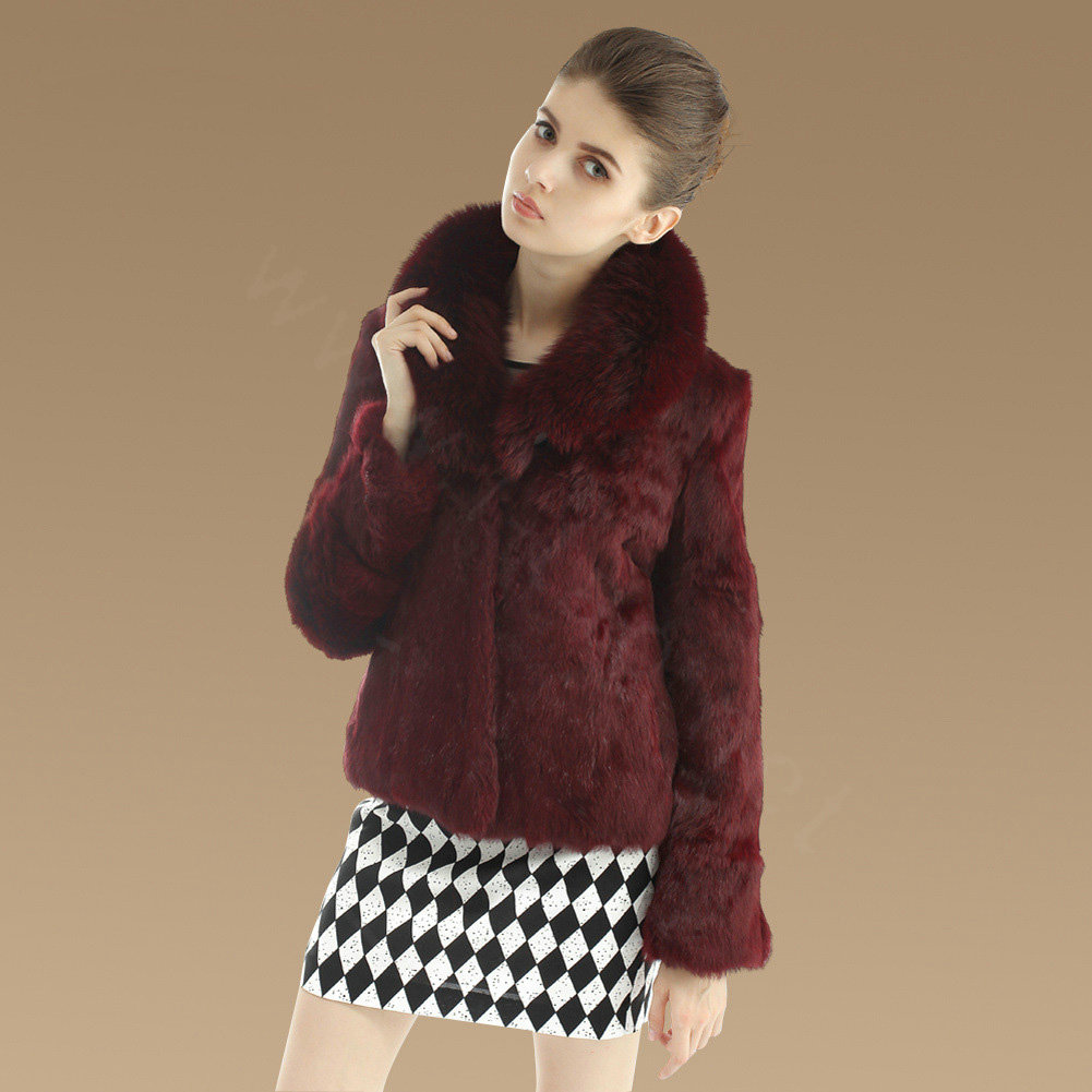 Hot sales Genuine Rabbit Fur Coat With Fox Fur Collar Jacket Fashion Women Fur Outwear - Wine Red