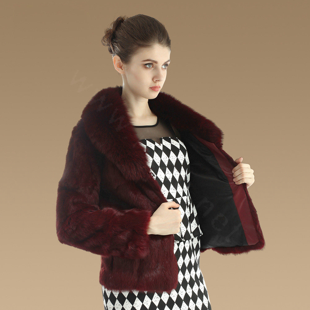 Hot sales Genuine Rabbit Fur Coat With Fox Fur Collar Jacket Fashion Women Fur Outwear - Wine Red