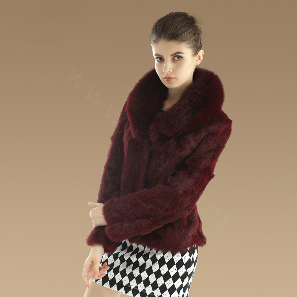 Hot sales Genuine Rabbit Fur Coat With Fox Fur Collar Jacket Fashion Women Fur Outwear - Wine Red