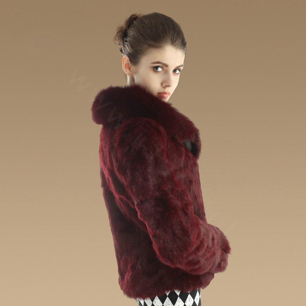 Hot sales Genuine Rabbit Fur Coat With Fox Fur Collar Jacket Fashion Women Fur Outwear - Wine Red