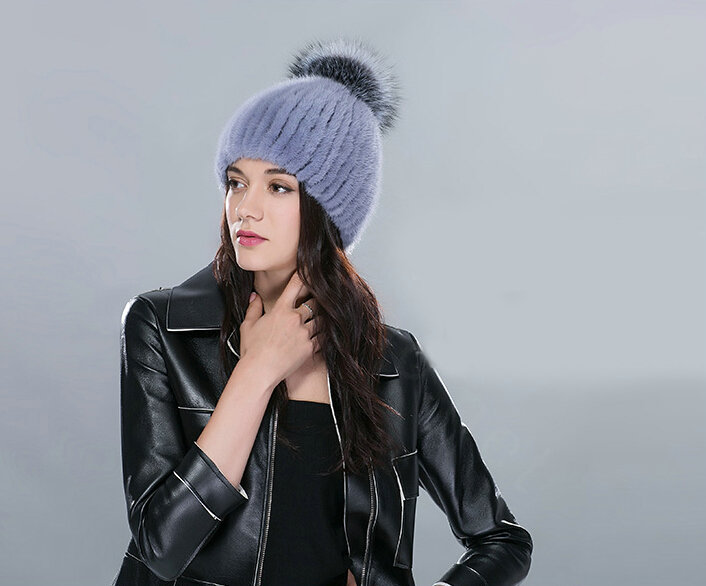 Hot sales Genuine Whole Mink Fur Hats With Fox Fur Ball Women Winter Knitted Beanies Cap - Blue