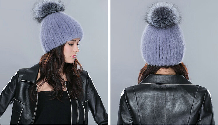 Hot sales Genuine Whole Mink Fur Hats With Fox Fur Ball Women Winter Knitted Beanies Cap - Blue