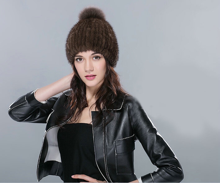 Hot sales Genuine Whole Mink Fur Hats With Fox Fur Ball Women Winter Knitted Beanies Cap - Coffee