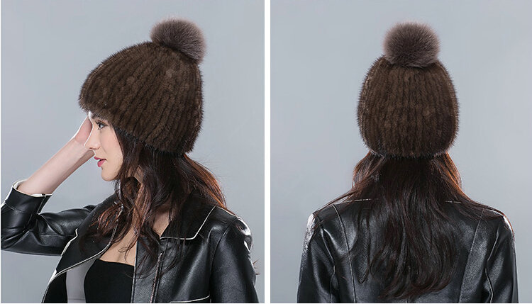 Hot sales Genuine Whole Mink Fur Hats With Fox Fur Ball Women Winter Knitted Beanies Cap - Coffee