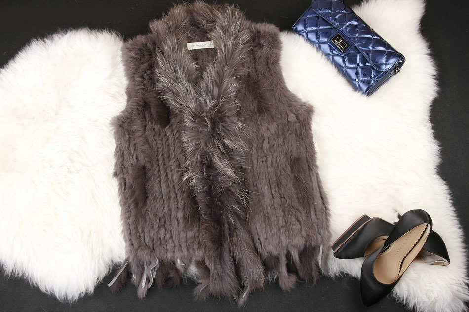 Hot sales High Quality Real Rabbit Fur Vest Raccoon Fur Collar Women Knitted Fur Gilet - Brown Red