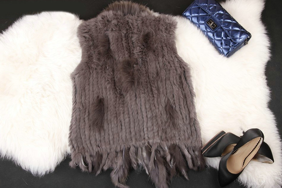 Hot sales High Quality Real Rabbit Fur Vest Raccoon Fur Collar Women Knitted Fur Gilet - Brown Red