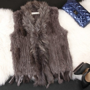 Hot sales High Quality Real Rabbit Fur Vest Raccoon Fur Collar Women Knitted Fur Gilet - Brown Red