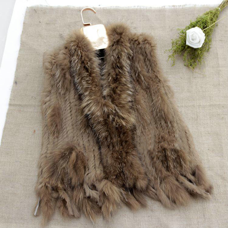 Hot sales High Quality Real Rabbit Fur Vest Raccoon Fur Collar Women Knitted Fur Gilet - Camel