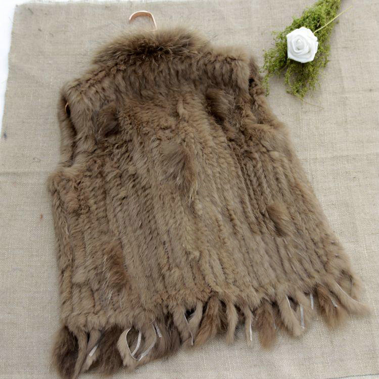 Hot sales High Quality Real Rabbit Fur Vest Raccoon Fur Collar Women Knitted Fur Gilet - Camel