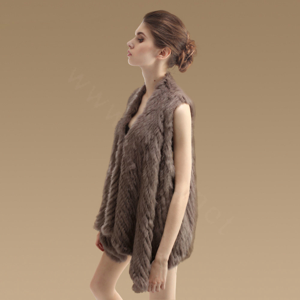 Hot sales Luxury Irregular Knitted Natural Rabbit Fur Vests Cape Women Fur Waistcoat - khaki