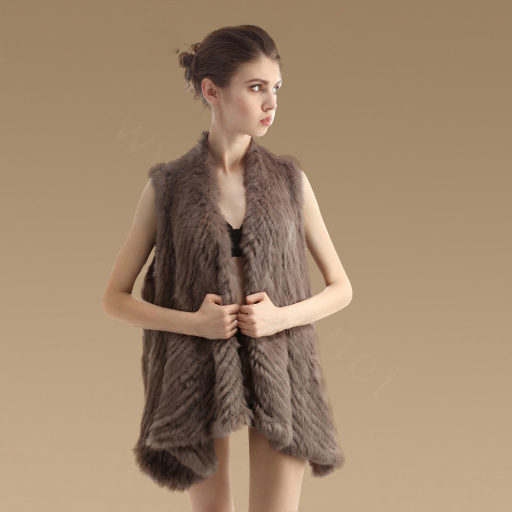 Hot sales Luxury Irregular Knitted Natural Rabbit Fur Vests Cape Women Fur Waistcoat - khaki