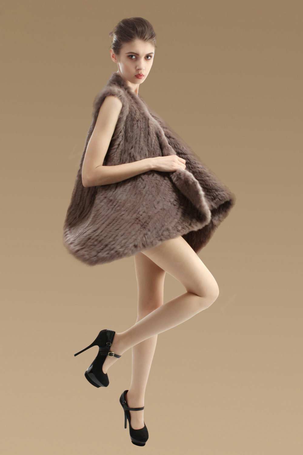 Hot sales Luxury Irregular Knitted Natural Rabbit Fur Vests Cape Women Fur Waistcoat - khaki