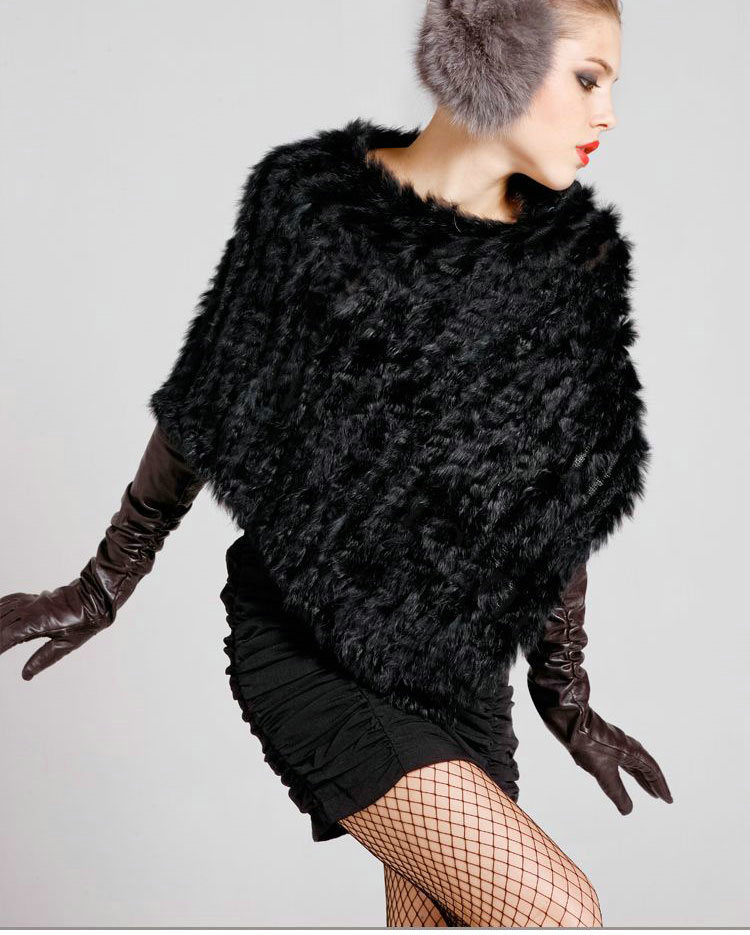 Hot sales New Fur Poncho knitted Rabbit Fur Shawl Spring Autumn Winter Women's Triangle Fur Pullover - Black