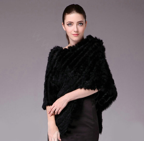 Hot sales New Fur Poncho knitted Rabbit Fur Shawl Spring Autumn Winter Women's Triangle Fur Pullover - Black