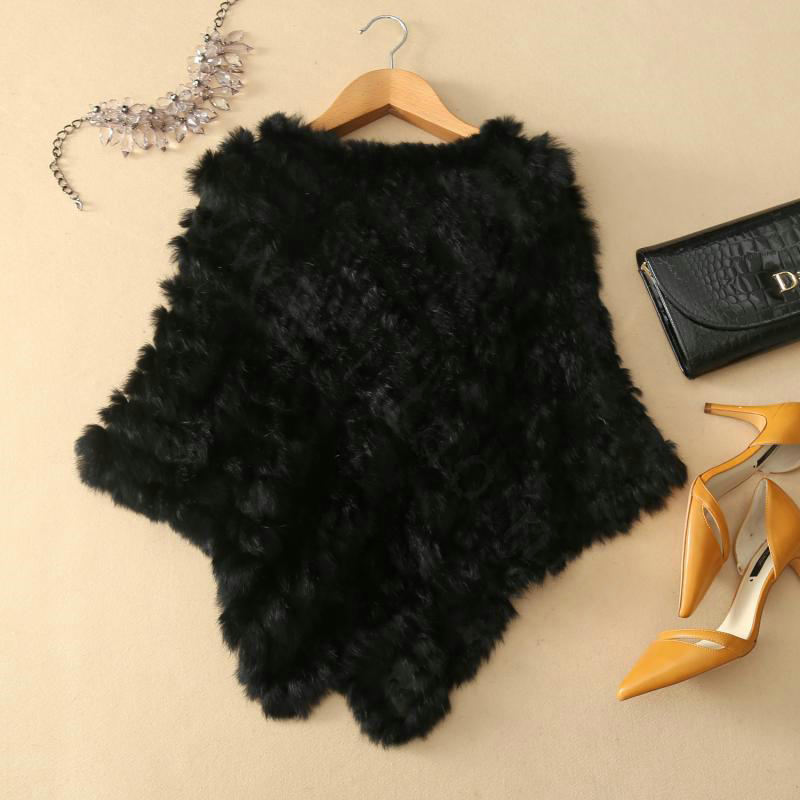 Hot sales New Fur Poncho knitted Rabbit Fur Shawl Spring Autumn Winter Women's Triangle Fur Pullover - Black